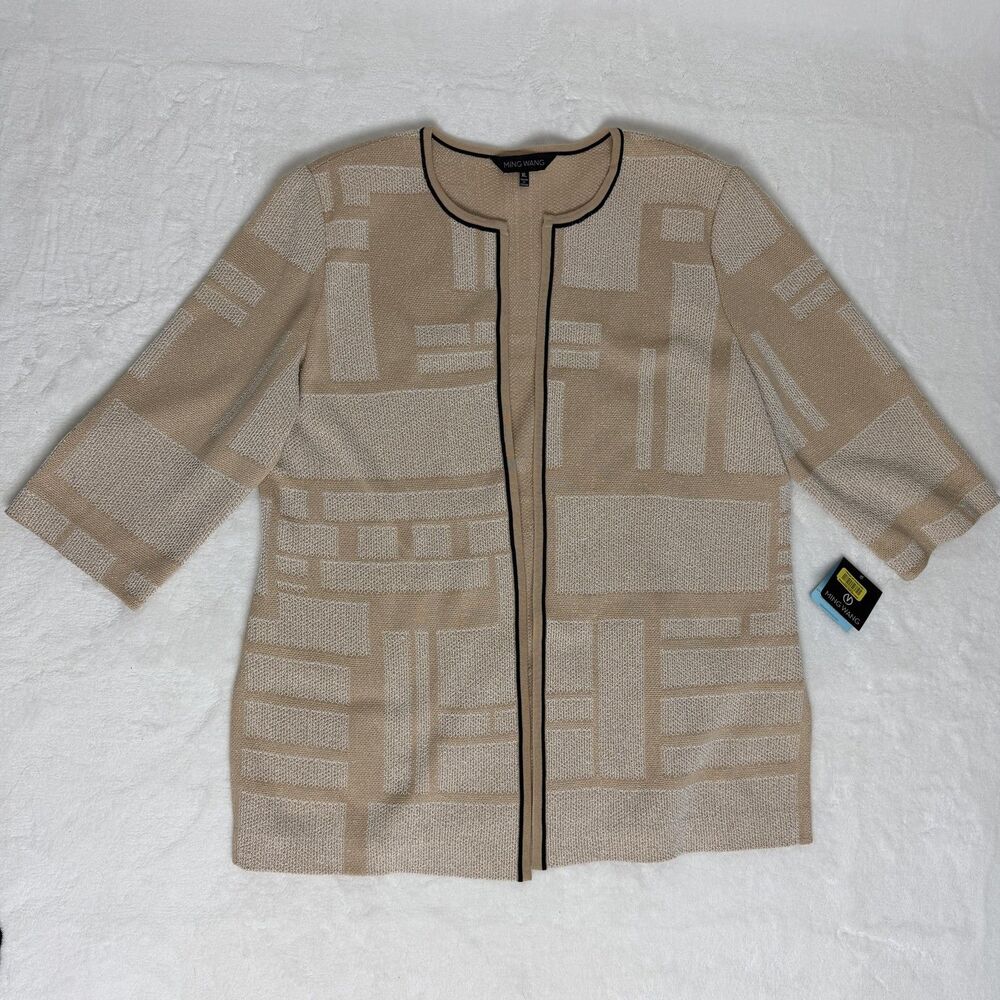 Ming Wang Jacket Womens XL Beige Geometric Knit Open Front Collarless 3/4 Sleeve